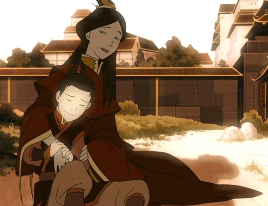 A regal woman and a young child share a quiet moment in an ancient, palace-like setting, both dressed in traditional robes from an animated series
