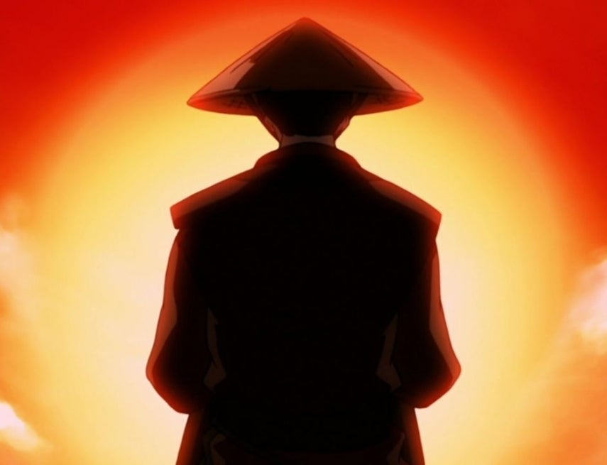 Silhouetted figure with a conical hat stands against a dramatic backlit backdrop, evoking a cinematic or animated scene