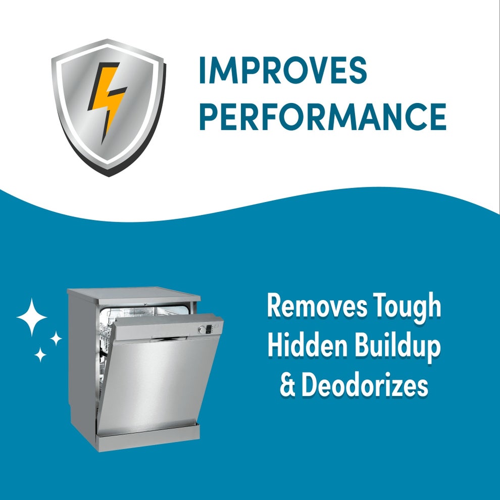 Dishwasher with a shield icon claiming improved performance by removing tough hidden buildup and deodorizing