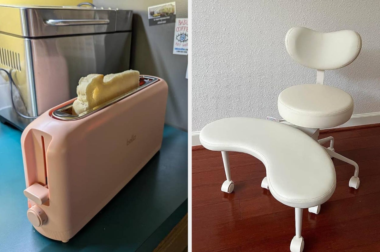 Left: Pink toaster with thick bread slice popping out. Right: White ergonomic chair with wheels and curved backrest