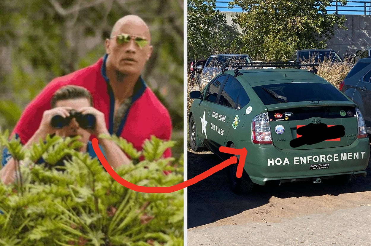 Humorous meme: "The Rock" watches through binoculars in a bush, linked by an arrow to a Prius labeled "HOA Enforcement," suggesting vigilant neighborhood watch