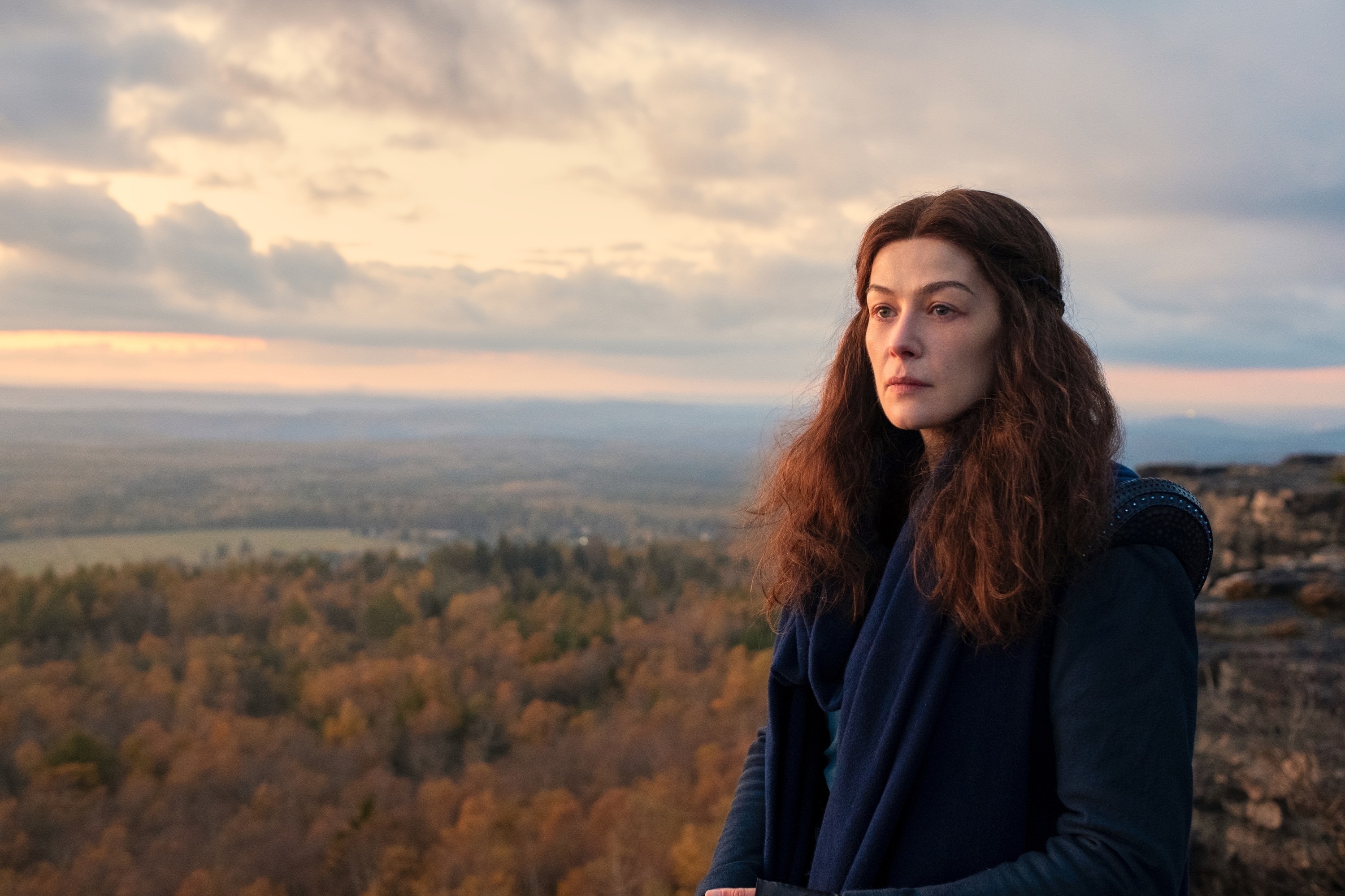 Person standing on a cliff, gazing over a vast landscape with trees and a cloudy sky. They wear a long-sleeved outfit, appearing contemplative