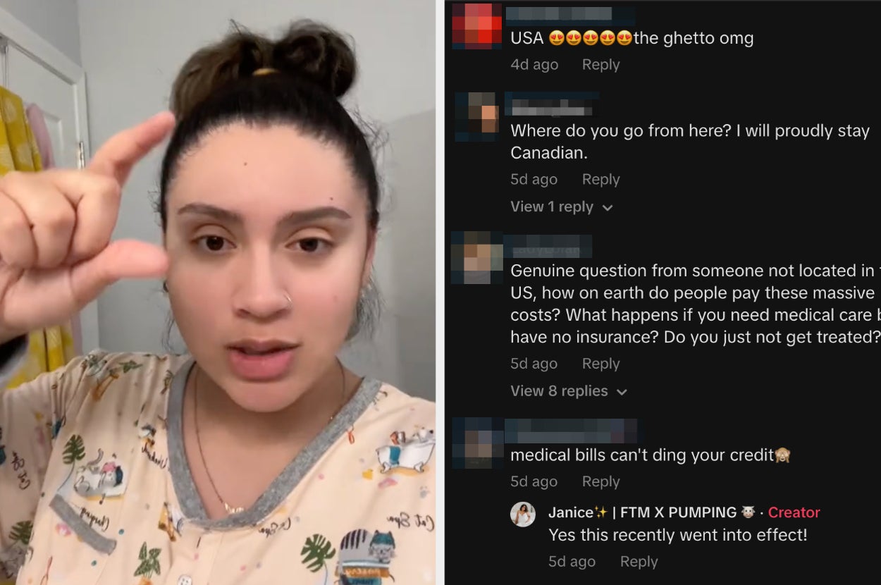 Person in pajamas gestures thoughtfully; social media comments discuss U.S. healthcare costs and medical debt implications