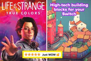 Split image: Left, "Life is Strange: True Colors" poster with a character. Right, illustrated buildings. Text: "High-tech building blocks for your Switch."