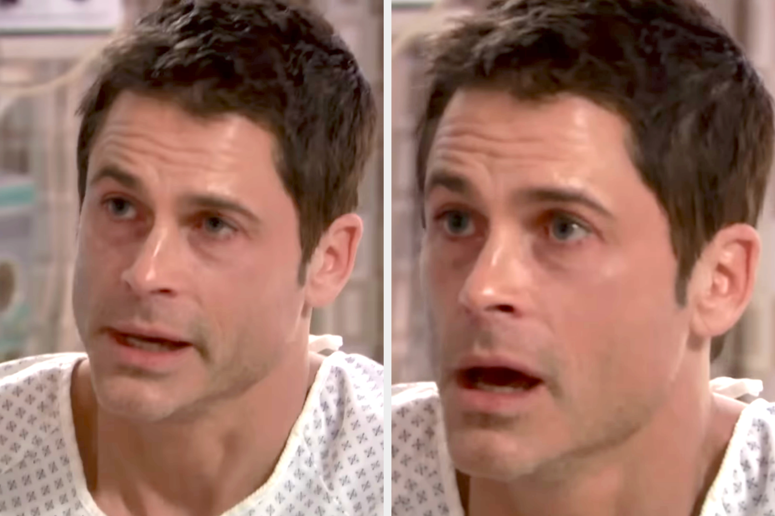 Rob Lowe sick in a hospital gown in a scene from Parks and Rec