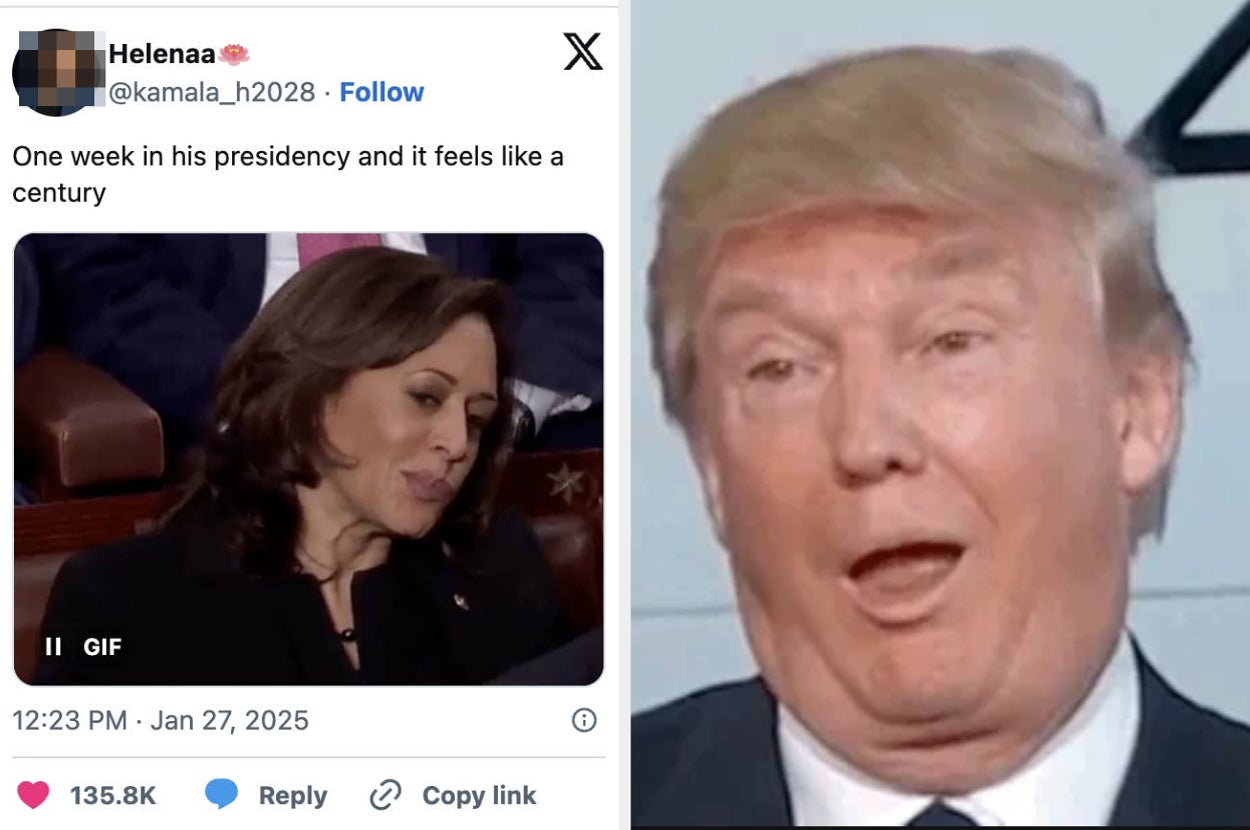 Screenshot of a tweet joking about a person's presidency feeling long with GIF reaction of two public figures