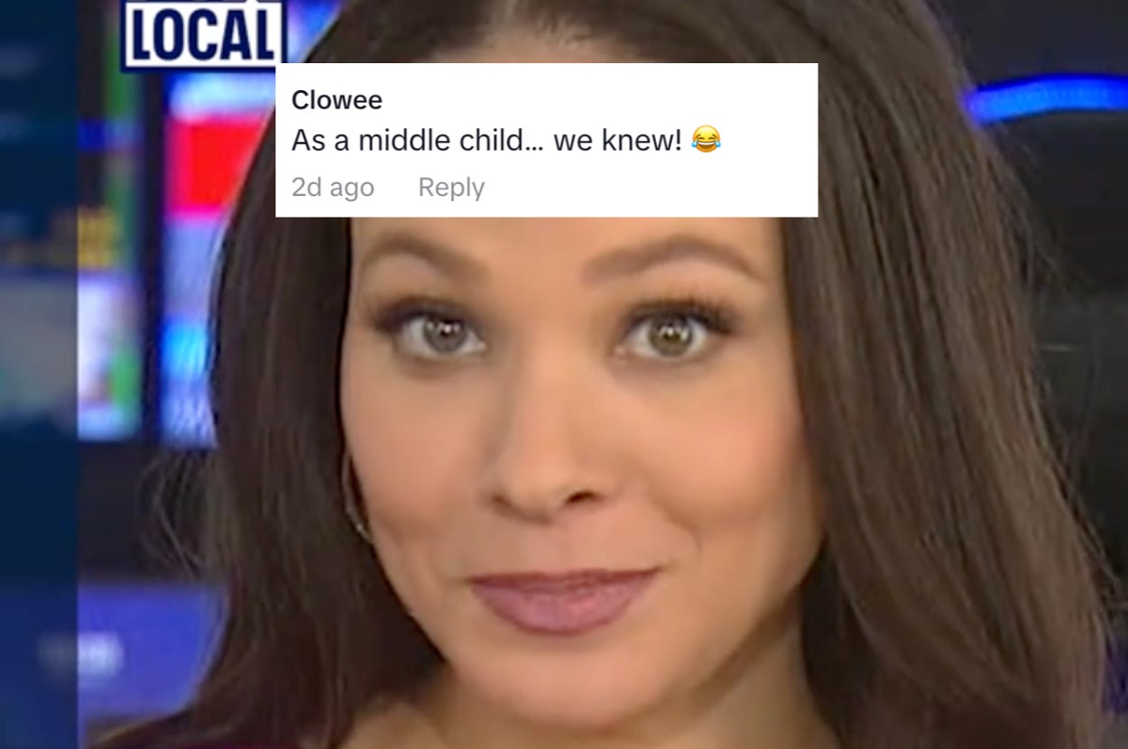 A woman appears on a TV screen with a comment overlay: "As a middle child... we knew!" followed by a laughing emoji