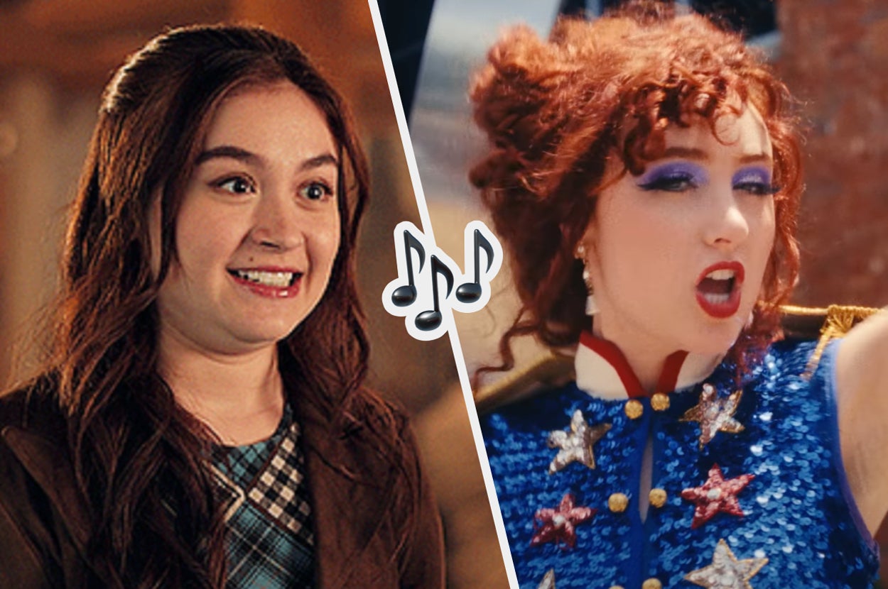 Two women in expressive poses are shown side-by-side. Kitty smiles widely, while Chappelle Roan sings energetically in a starry, sequined costume. Musical notes overlay