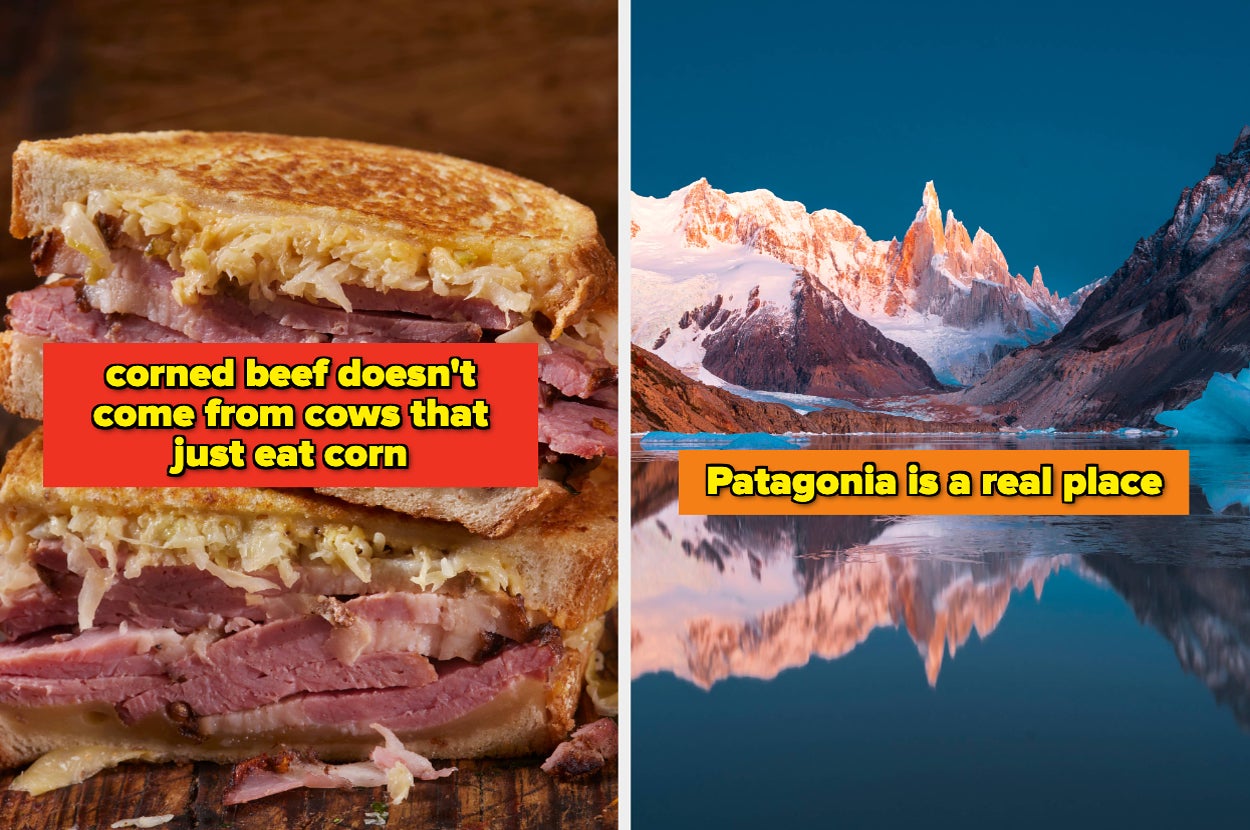 Left: Corned beef sandwich humor caption; Right: Patagonia mountain landscape with humorous caption about its existence