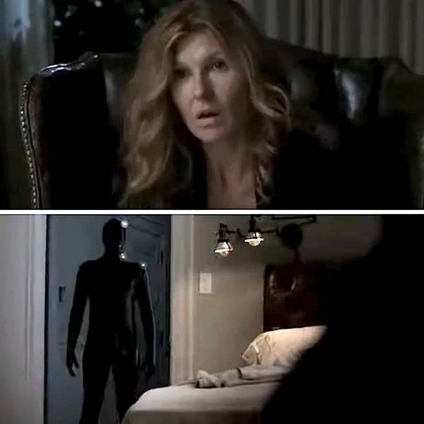 A woman in an armchair looks shocked; below, a figure in a full-body suit stands in a doorway near a bed