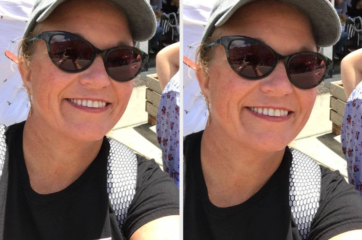 Two photos of a person smiling while wearing sunglasses, a cap, and a backpack, taken outdoors