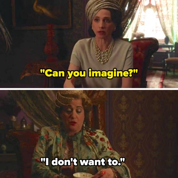 Two women in vintage attire, one in a pearl necklace and turban, the other in a floral shawl, sit in an ornately decorated room