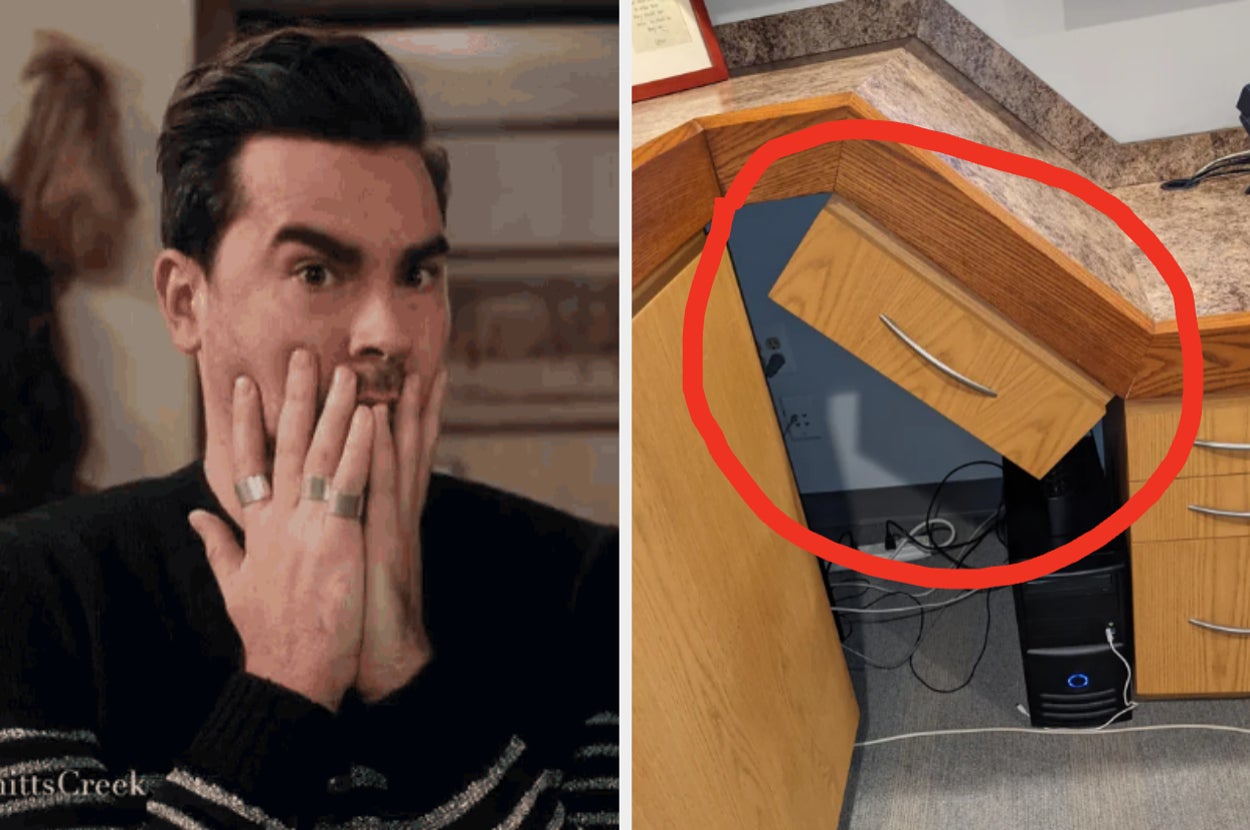A surprised person holds their face, next to a photo of a misaligned drawer pulled open in an unusual shape