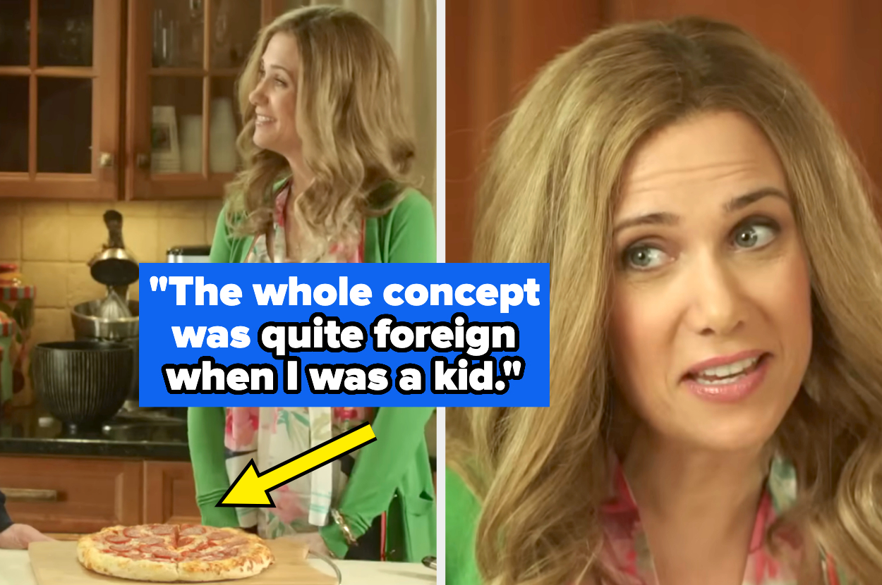 Woman smiles near a pizza in a kitchen. Text says, “The whole concept was quite foreign when I was a kid.”
