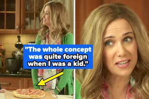 Woman smiles near a pizza in a kitchen. Text says, “The whole concept was quite foreign when I was a kid.”