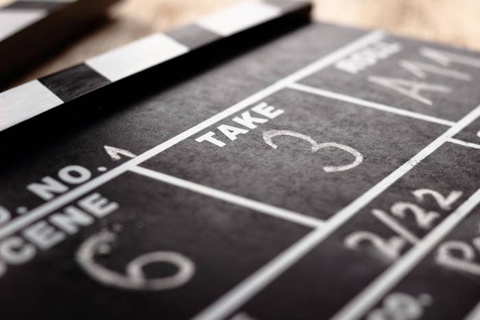 Close-up of a film clapperboard showing 