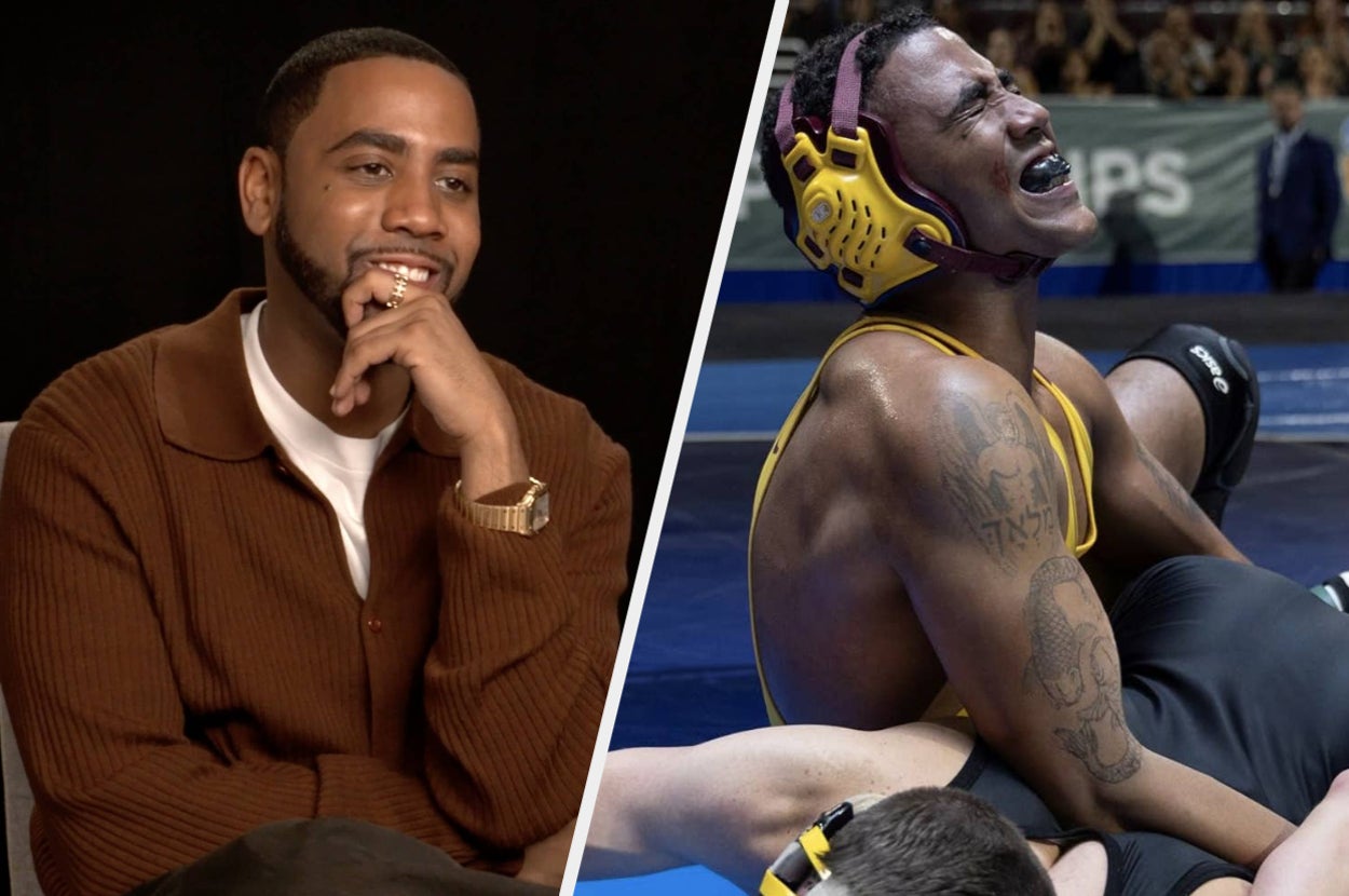 Person in brown sweater smiling and sitting, next to an image of a wrestler celebrating a victory on the mat