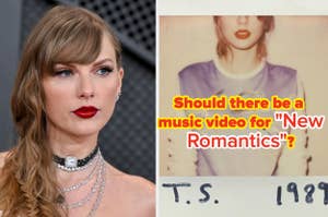 Person in elegant attire on left; text on right asks if there's a music video for "New Romantics" by T.S., with an image of the person