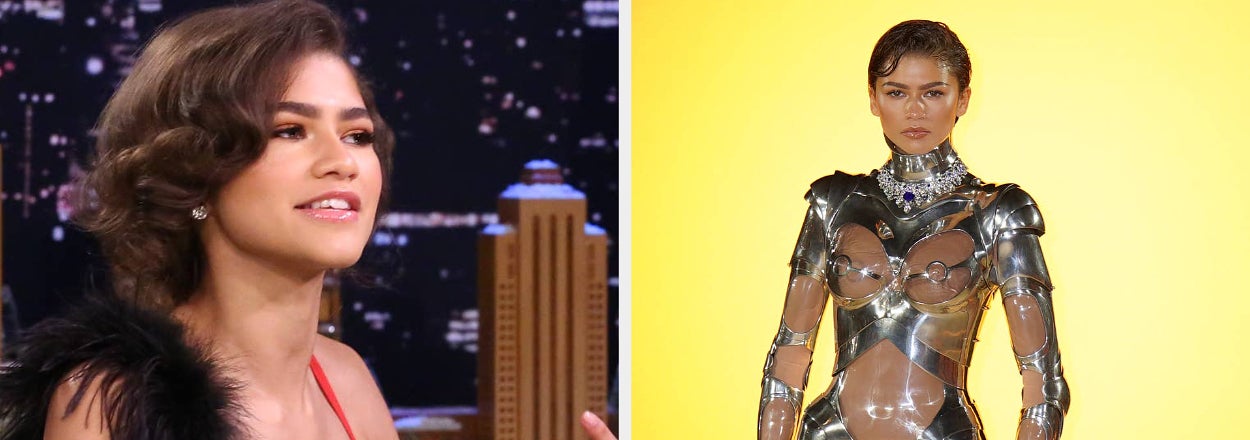 Zendaya speaks with her hands vs Zendaya in a metallic suit