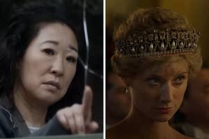 Two side-by-side images: Left shows a woman gesturing, wearing a jacket; right shows a woman in elegant attire with an ornate tiara, gazing ahead