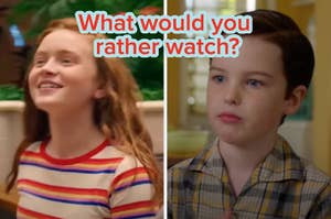 Two young actors from different TV shows; the left one smiles, wearing a striped shirt, and the right one has a serious expression, wearing a checked shirt. Text: "What would you rather watch?"