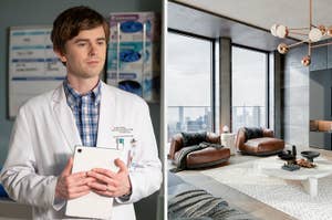 Left: A person in a white lab coat holds a tablet. Right: Modern living room with large windows, leather chairs, and city view