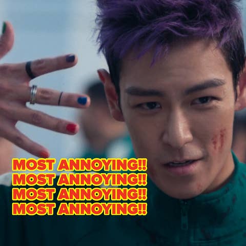 Person with short hair and colorful nails holds hand near face. Text reads: "Most Annoying!!" repeated three times