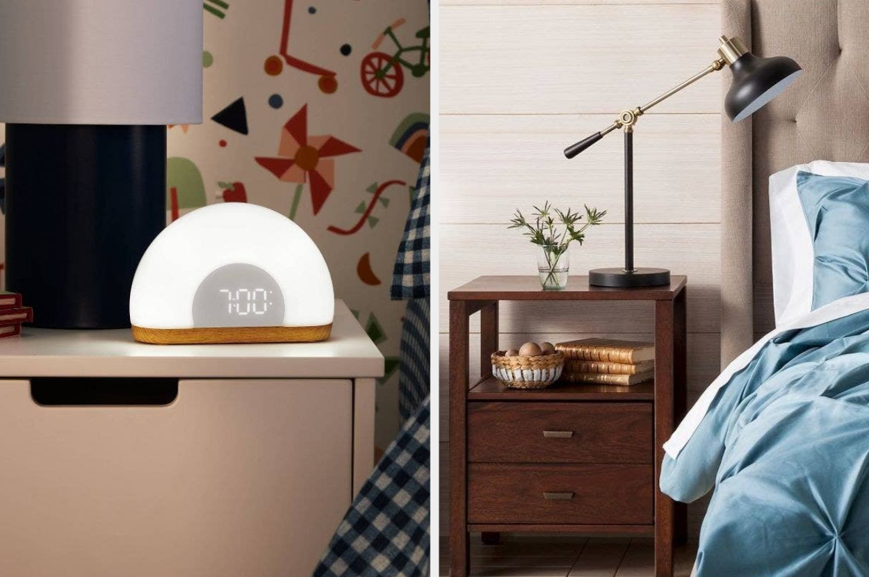 Stylish modern alarm clock on bedside table beside a bed, featured in a shopping article about home decor and bedroom accessories