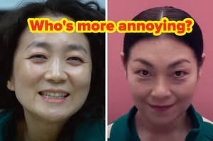 Split image of two people with "Who's more annoying?" text above. Both individuals are smiling, wearing similar style attire