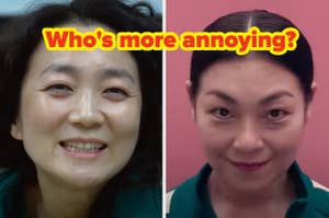 Split image of two people with "Who's more annoying?" text above. Both individuals are smiling, wearing similar style attire