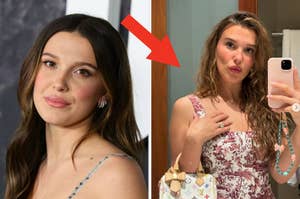 Two side-by-side photos of a woman. Left: formal event in a polka dot dress. Right: mirror selfie in a floral dress with a handbag