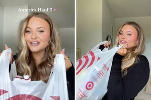 Person holding Target shopping bags, smiling. Text reads "America Haul!!!" in both images