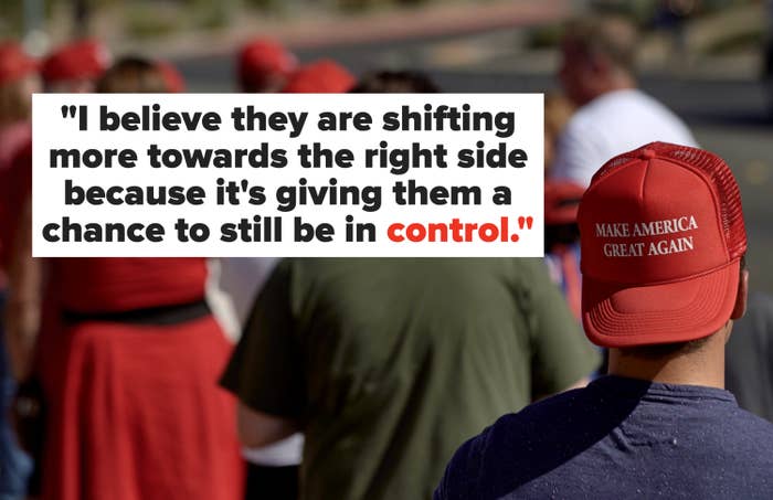 People wearing hats in line, with one hat reading &quot;Make America Great Again.&quot;