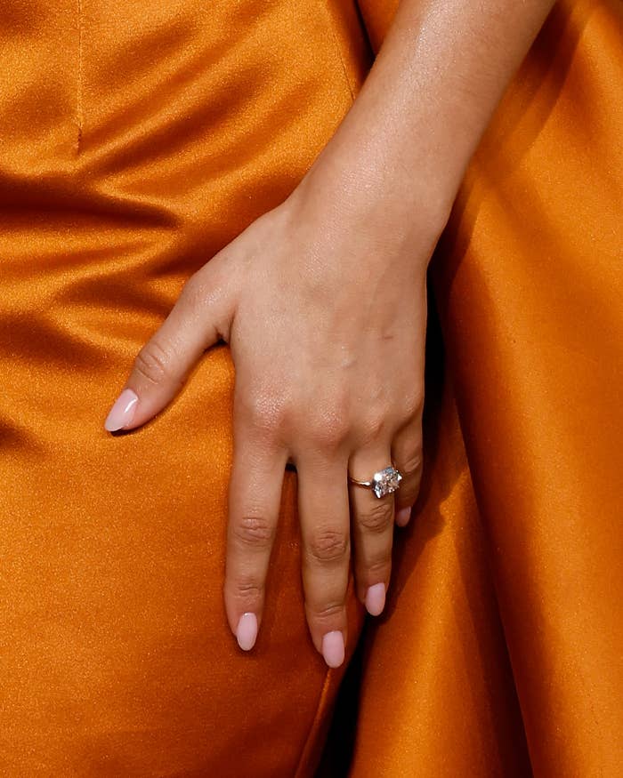 Close-up of Zendaya&#x27;s left hand with a large diamond ring on her ring finger