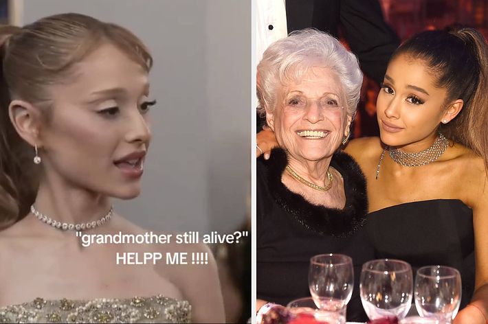 Two side-by-side photos: Left shows a young woman in a dress questioning if grandmother is still alive; right has a pop star posing with an elderly woman