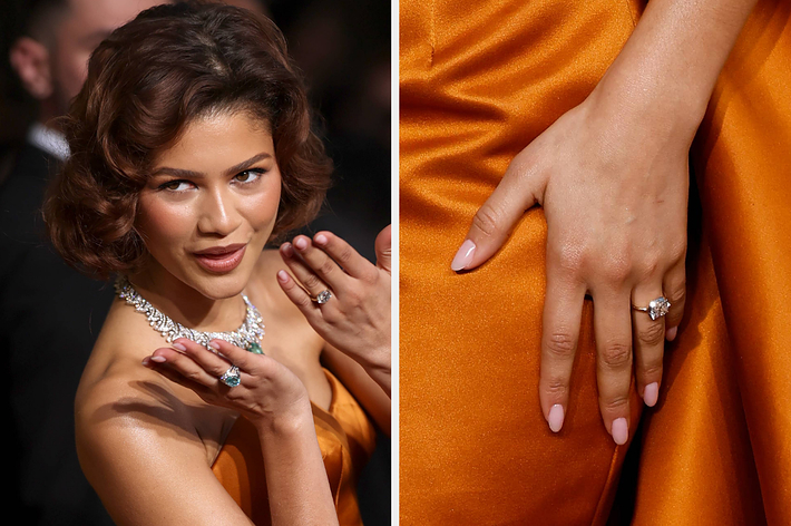 Left: Zendaya posing playfully at the Golden Globes. Right: Close-up of Zendaya's left hand, featuring a large diamond ring on her ring finger