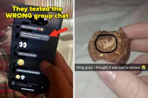 Left: Phone showing a text conversation with a message about succulents. Right: Hand holding a partially eaten Ferrero Rocher. Caption: Thought it was a rumor