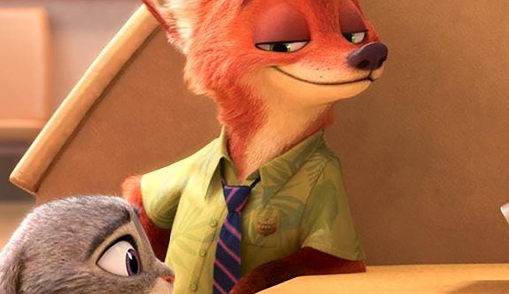 Animated fox and rabbit at a DMV counter. The fox wears a green shirt and striped tie, exuding a sly expression. The rabbit looks inquisitive