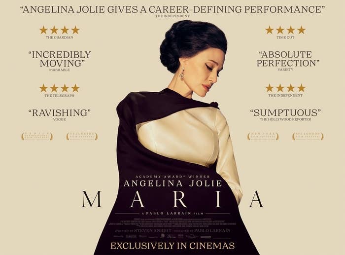 Movie poster for &quot;Maria&quot; featuring Angelina Jolie in an elegant gown. Text includes praise, such as &quot;incredibly moving&quot; and &quot;absolute perfection.&quot;