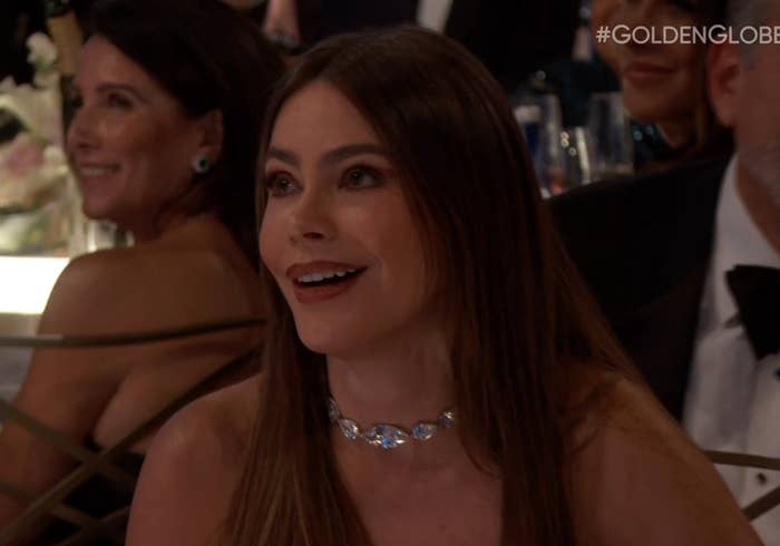 Sofía Vergara half smiling in the audience at an awards ceremony