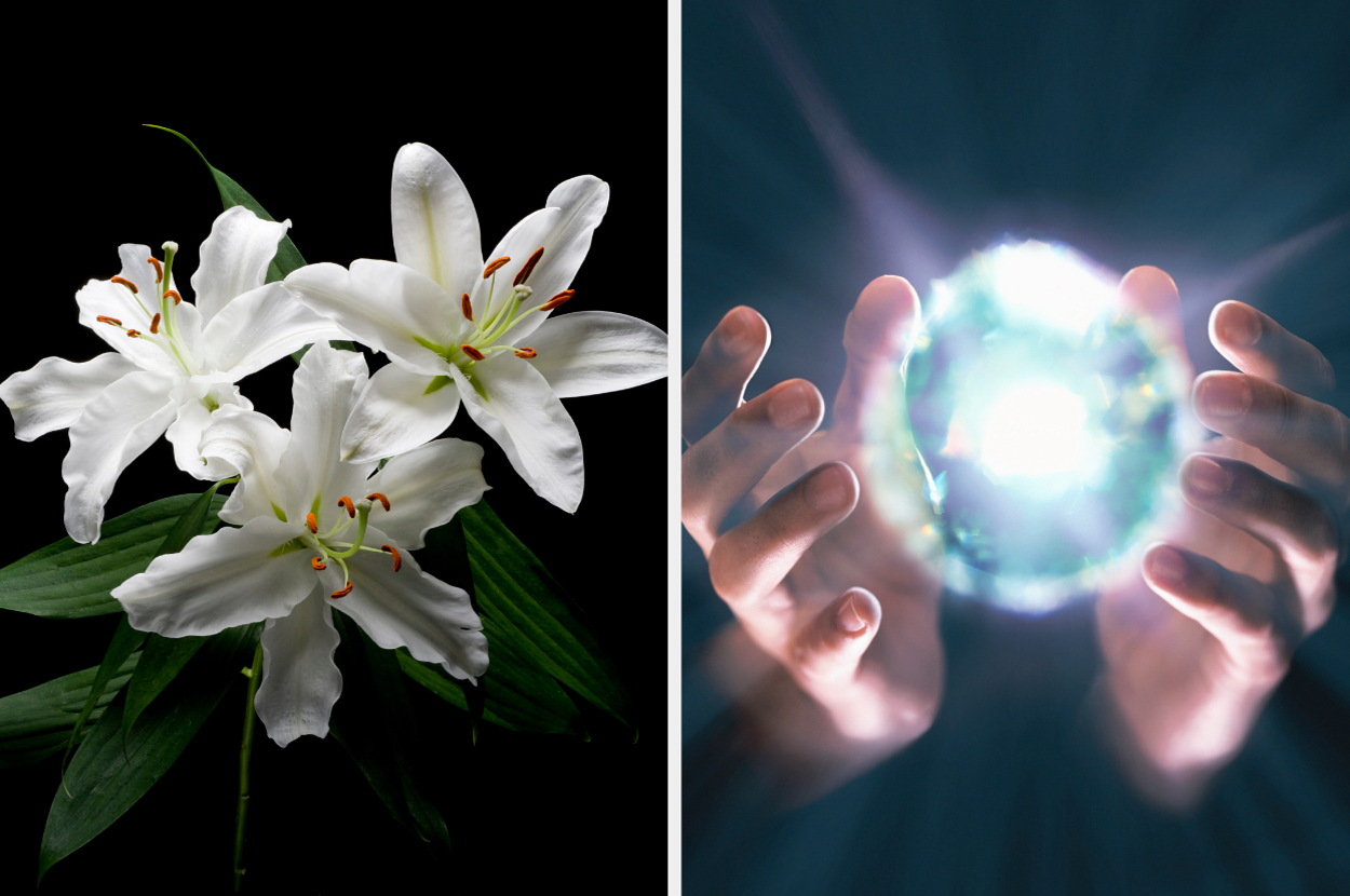 Left: Close-up of white lilies with green leaves. Right: Hands holding a glowing crystal orb, conveying a sense of mystery and wonder