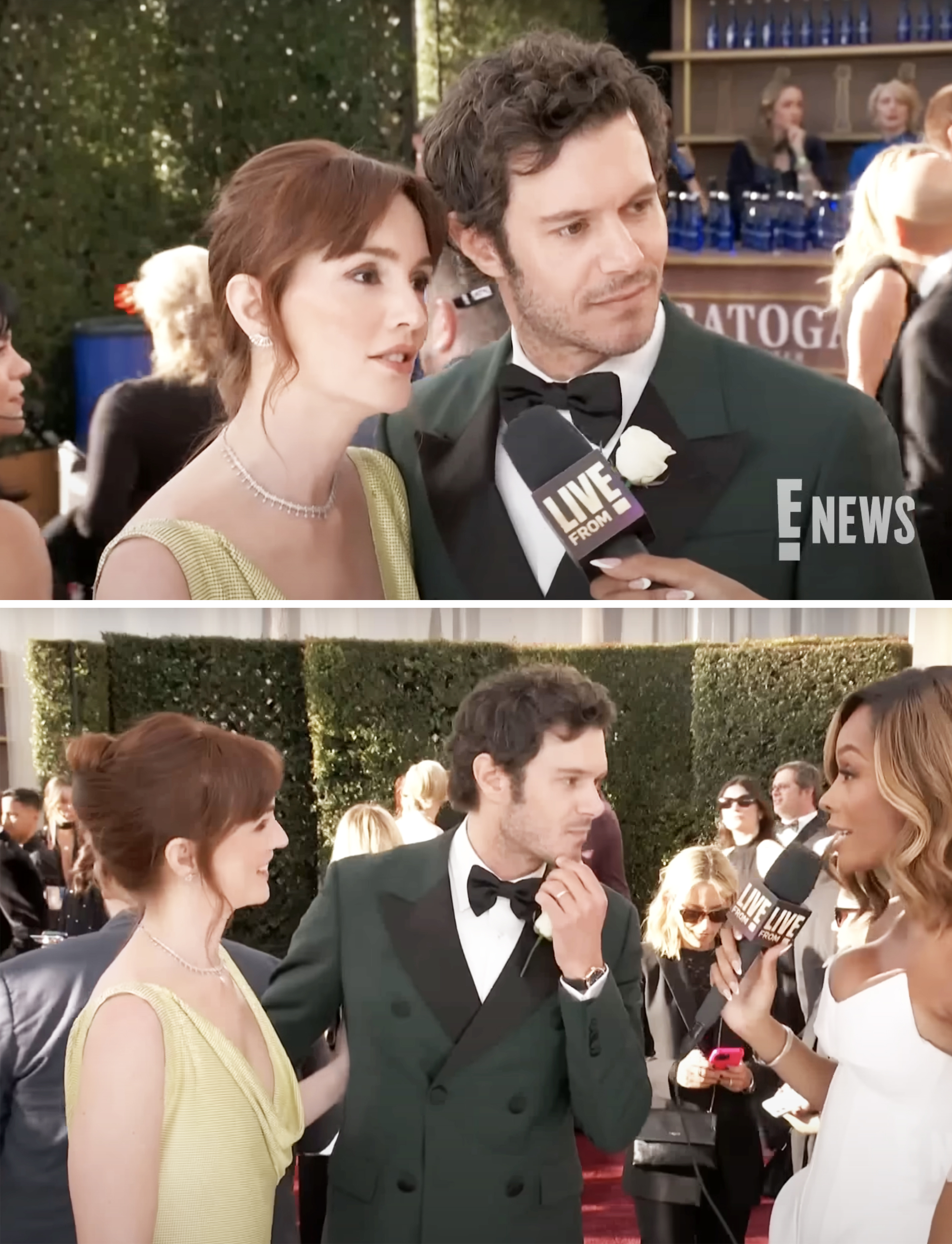 Two celebrities on a red carpet, one in a formal green suit and the other in an elegant dress, speaking into a microphone during an interview