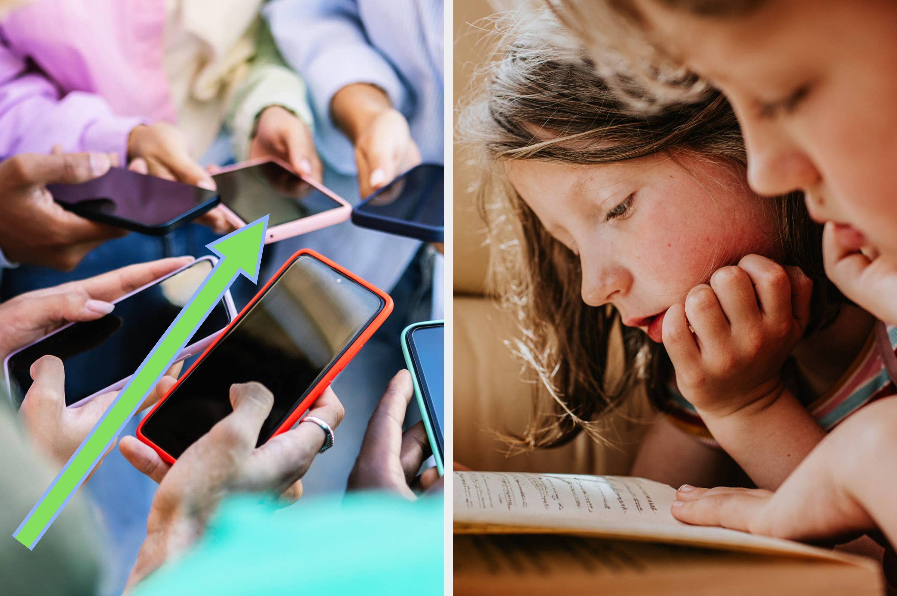 Left: Group of people holding smartphones. Right: Children reading a book together