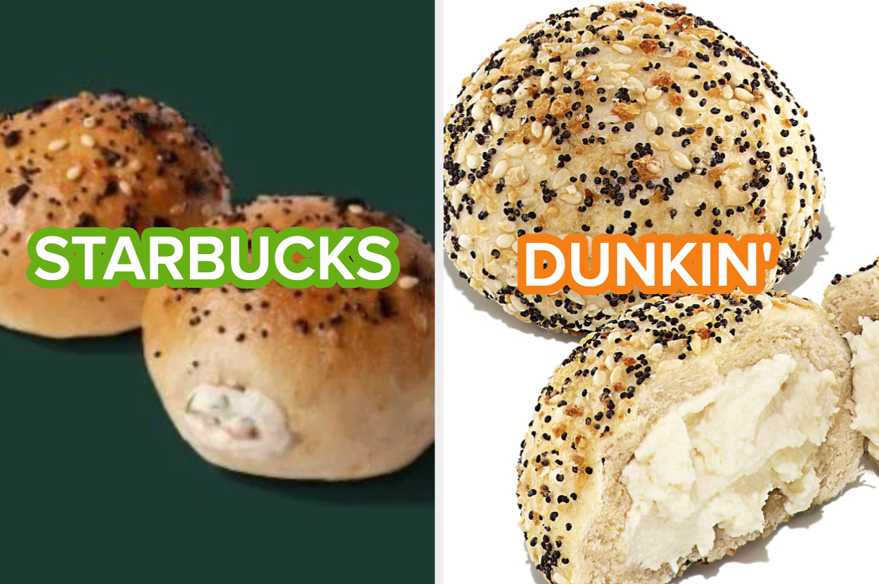 Starbucks vs. Dunkin': Bagel Bites comparison with cream cheese filling visible in sliced halves