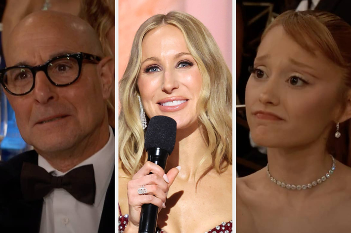 Three people at a formal event. Left: man in a tuxedo and glasses. Center: woman with wavy hair holding a microphone, in a stylish dress. Right: woman in an elegant dress with earrings and necklace