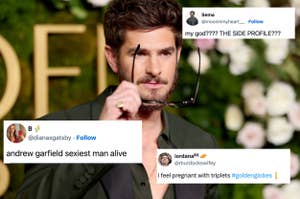 Man in a suit adjusts sunglasses on a red carpet. Social media posts praise his looks and side profile