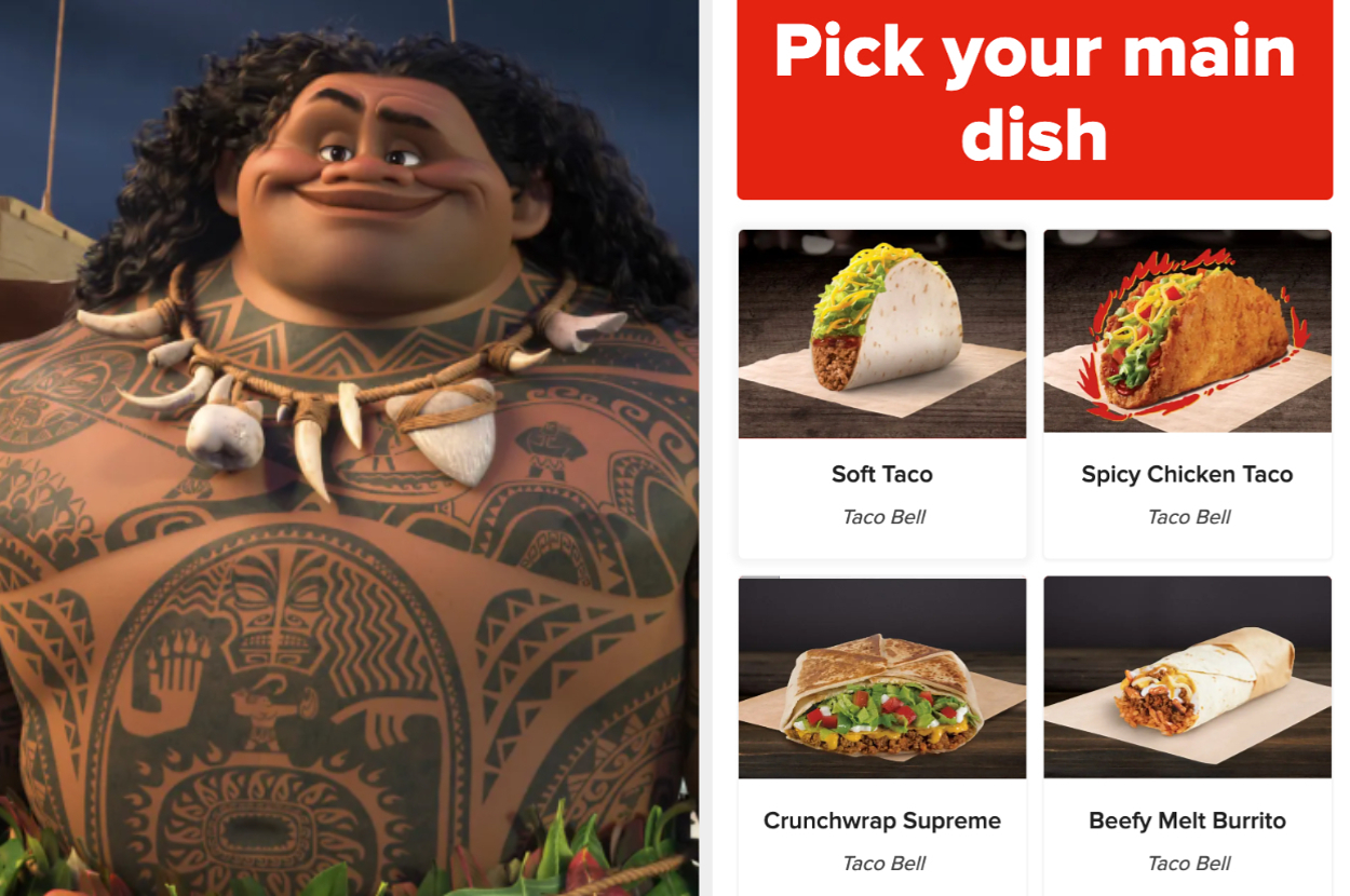 Animated character with tribal tattoos smiles; next to a menu with Taco Bell options: Soft Taco, Spicy Chicken Taco, Crunchwrap Supreme, Beefy Melt Burrito