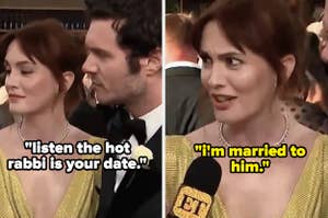 Adam Brody and Leighton Meester being interviewed on a red carpet; Leighton in elegant dress humorously comments, "I'm married to him," responding to "the hot rabbi" remark
