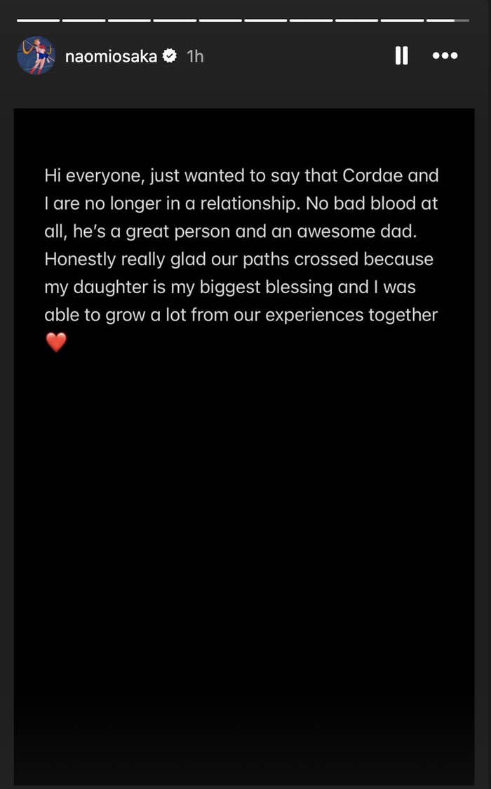Naomi Osaka announces her breakup with Cordae, emphasizes there is no bad blood. She praises him as a good person and dad, and values their shared experiences