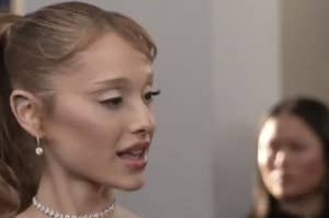 Ariana Grande in an elegant strapless dress being interviewed. Text on image reads: "'grandmother still alive?' HELPP ME!!!!"